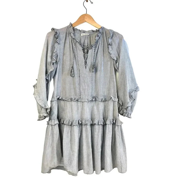 Ulla Johnson Essie Dress Gris/Grey Ruffled Lace-Up Tassels Hand-Stitching Size 2 - Picture 3 of 8